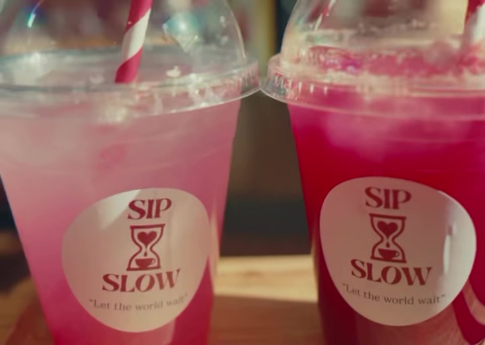 Two pink Sip Slow drinks with the hourglass logo and the tagline 'Let the world wait'